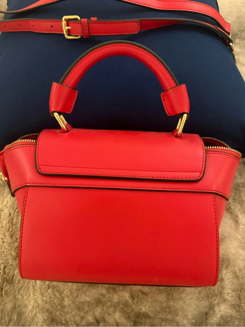 Structured Genuine Leather Red Top-Handle Satchel with Gold Hardware